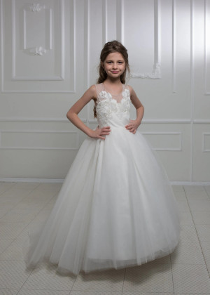Ivory Lace Tulle Sheer Back Flower Girl Dress